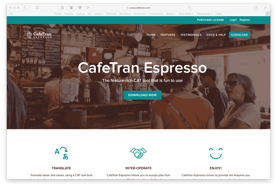 screenshot of cafetran cat tool home page