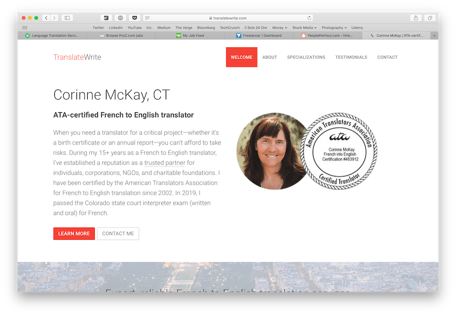 screenshot showing an example of Corinne McKay's freelance translation website