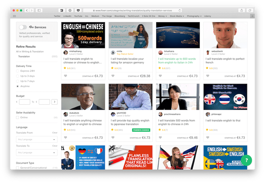 screenshot showing the freelance translation page on the Fiverr platform