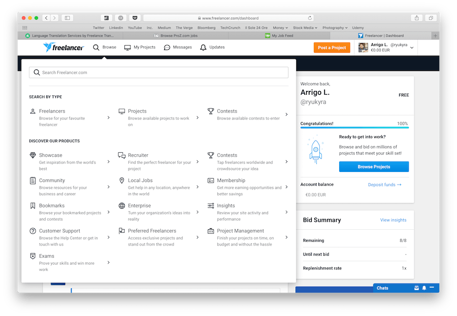 screenshot showing the personal area of freelance translation website Freelancer.com