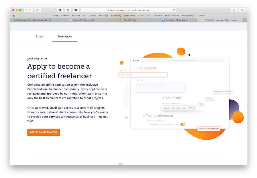 a screenshot showing the freelancer section of translation website Peopleperhour