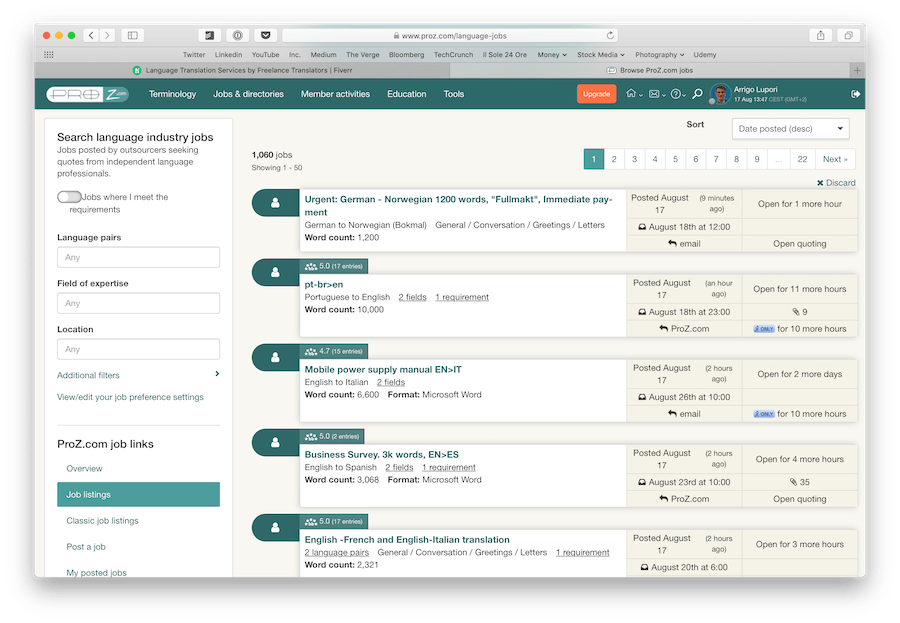 screenshot showing the job board on the ProZ platform