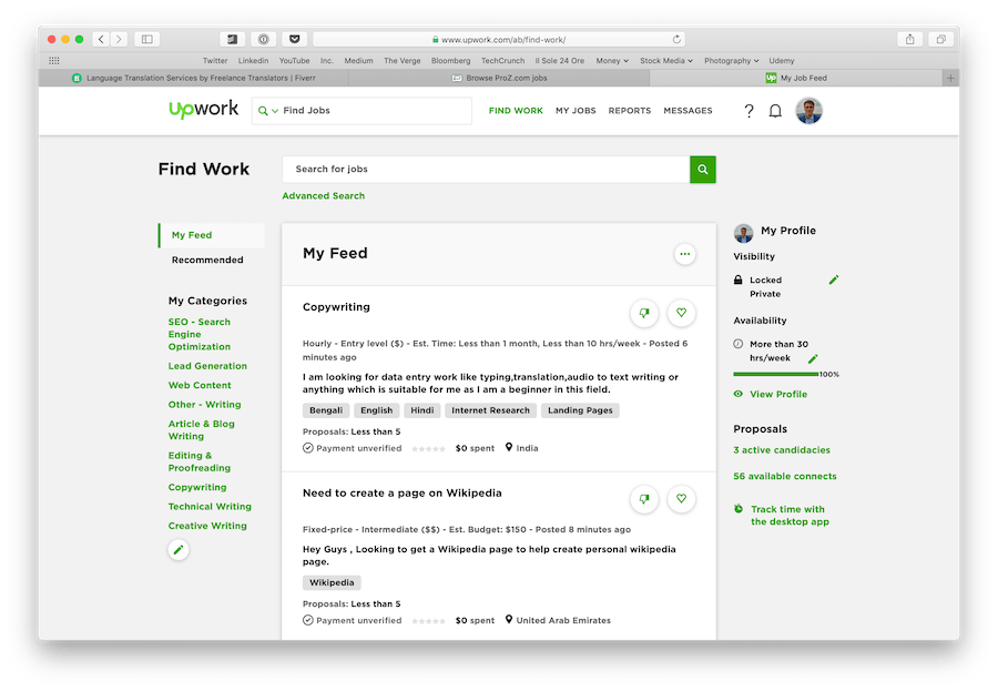 screenshot showing the job board on the Upwork platform